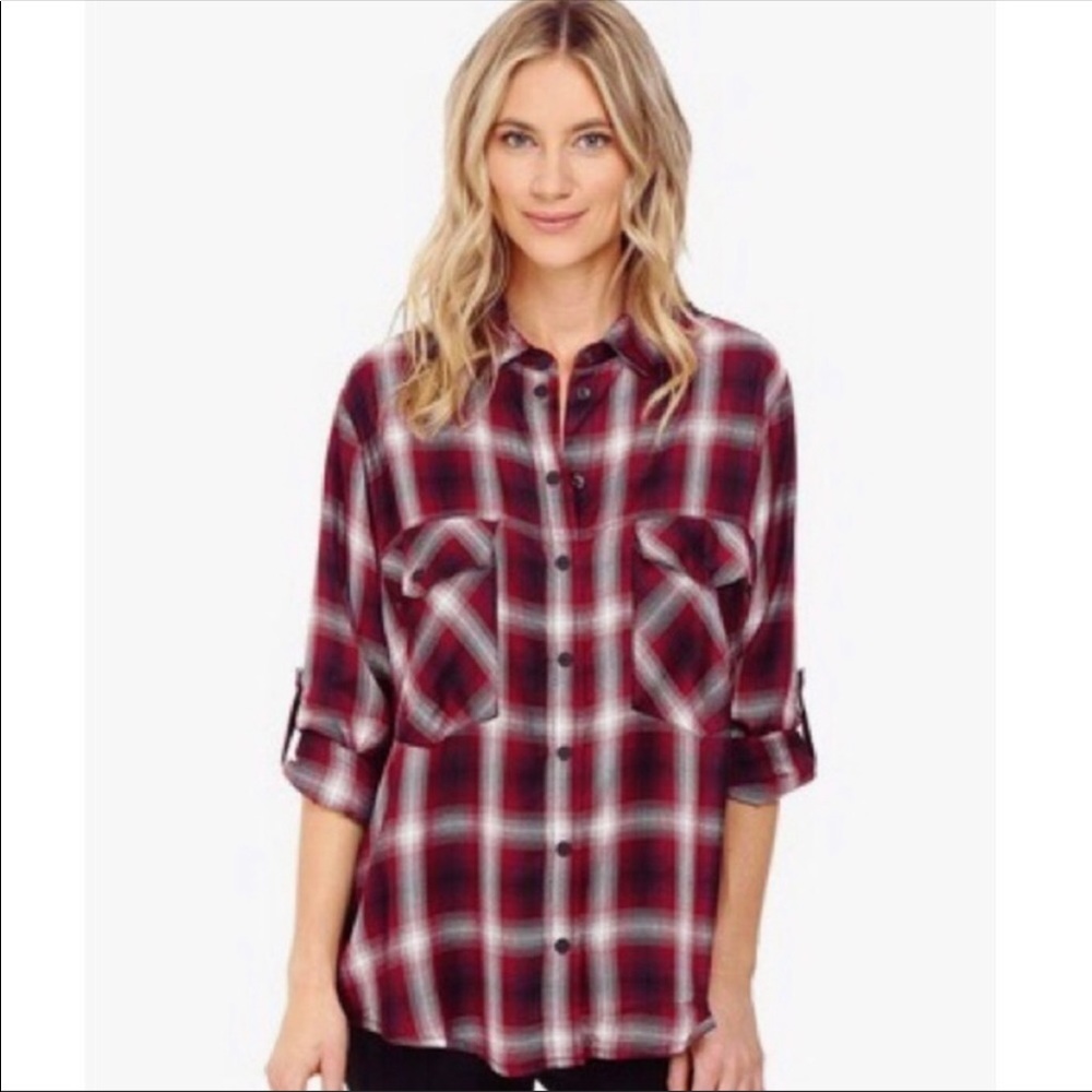 Sanctuary Plaid Boyfriend Shirt In Cabernet